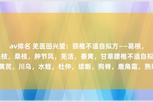 av排名 羌医田兴望:颈椎不适自拟方——葛根,威灵仙,当归,白芍,桑枝,桑枝,肿节风,羌活,姜黄,甘草腰椎不适自拟方——独活,黄芪,川乌,水蛭,杜仲,续断,狗脊,鹿角霜,熟地,肉苁蓉,炙甘草膝要害不适自拟...